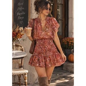 A.L.C. Carly Smocked Print Silk Mini Dress in Sorbet Sz 10 Spring Travel Light